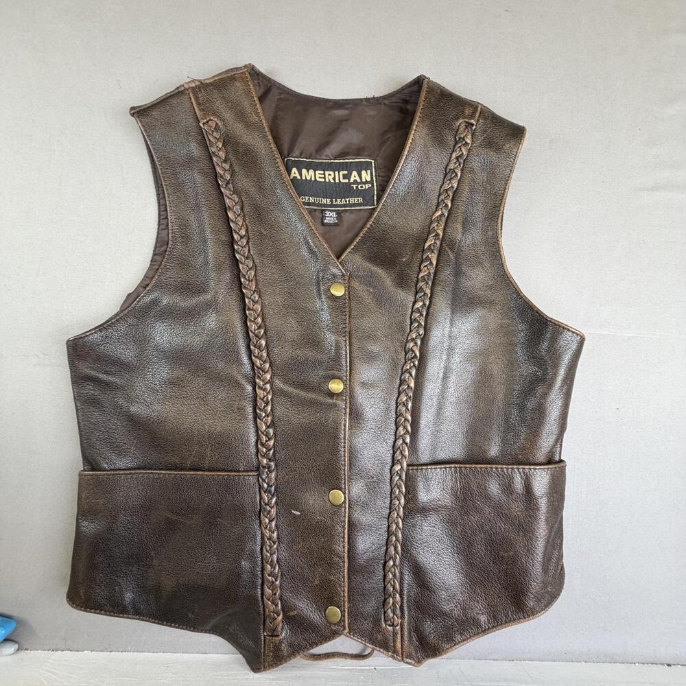 American Top Vest Womens 3XL Brown Leather Braided Biker Snap Front Lace Up Back